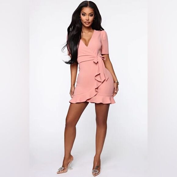 Fashion Nova Dusty Pink Ruffle Dress Small Feminine Surplice Wrap - Picture 3 of 11